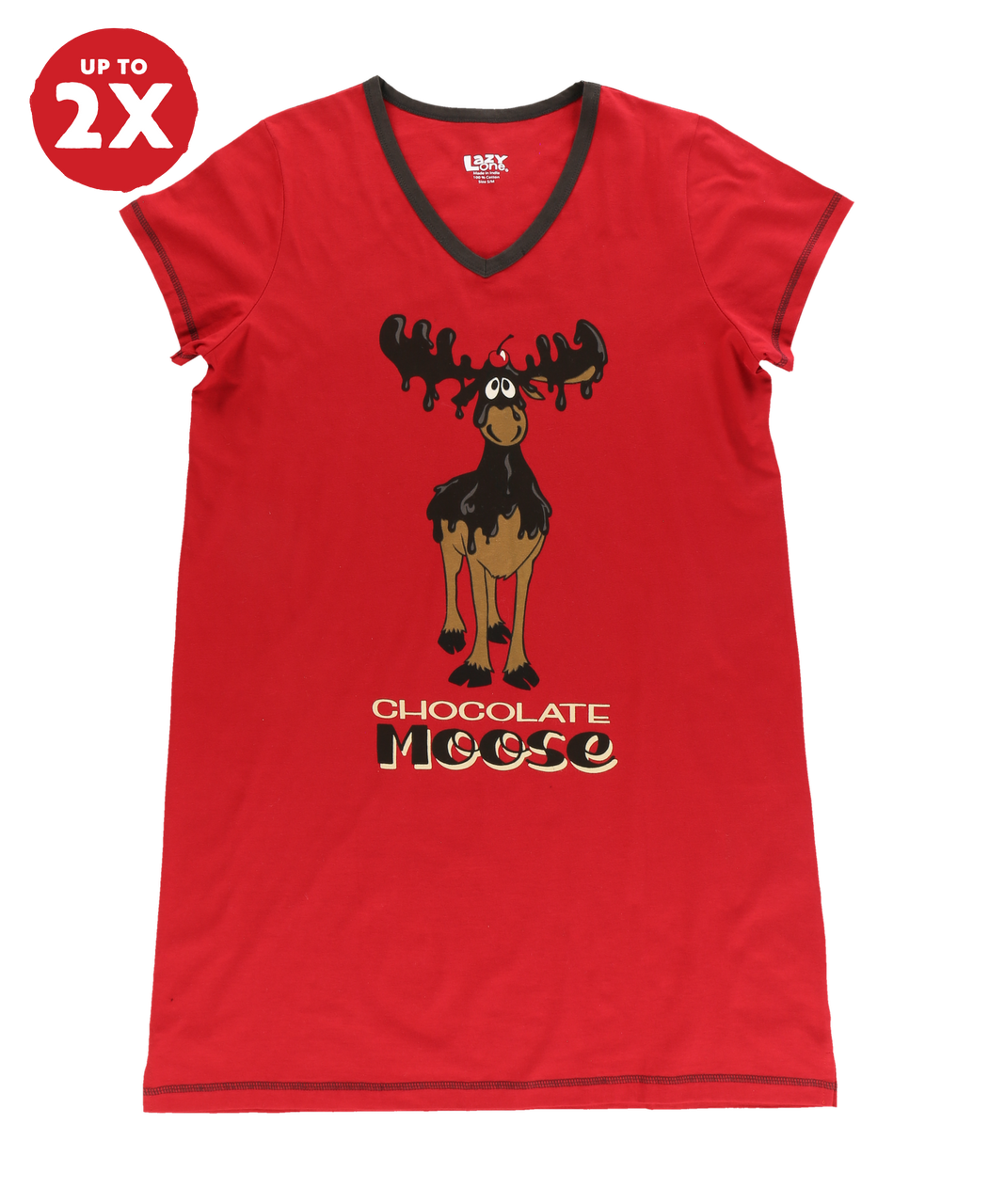 Red nightshirt with a cartoon moose graphic and 'Chocolate Moose' text on a white background