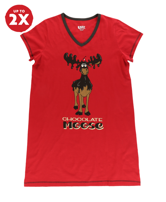 Red nightshirt with a cartoon moose graphic and 'Chocolate Moose' text on a white background