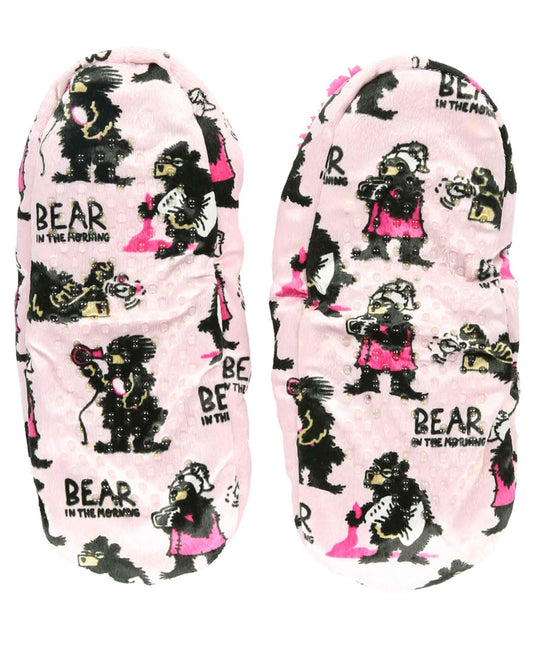 Pair of slippers with bear illustrations and 'Bear in the Morning' text on a pink background