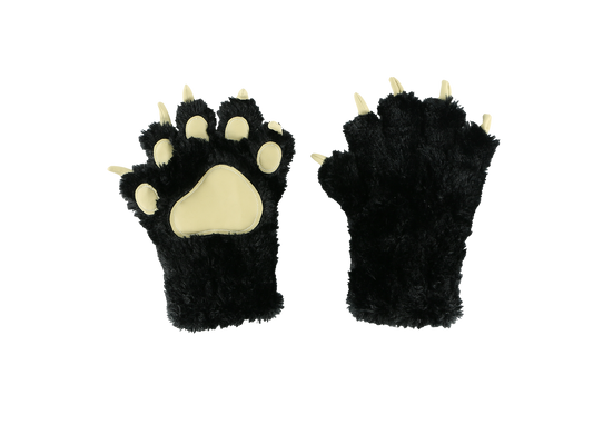 Pair of black paw-shaped gloves with beige centers on a white background