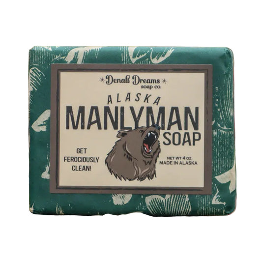 Alaska Manlyman soap bar with bear illustration on a natural background