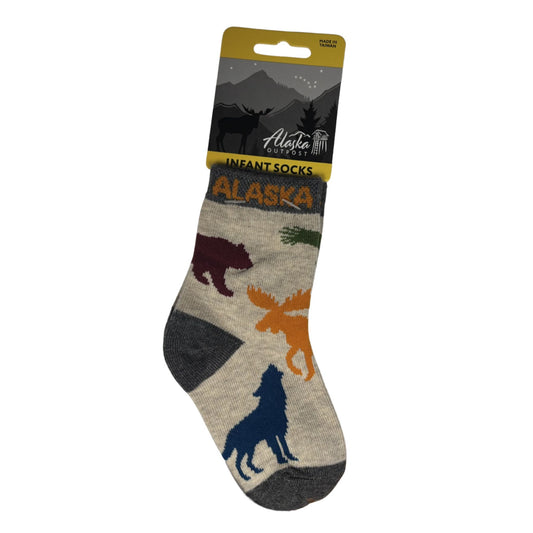 Alaska-themed infant sock with animal designs on a white background