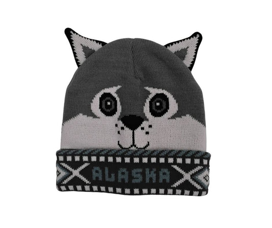 Gray husky-themed beanie with 'Alaska' text on a white background
