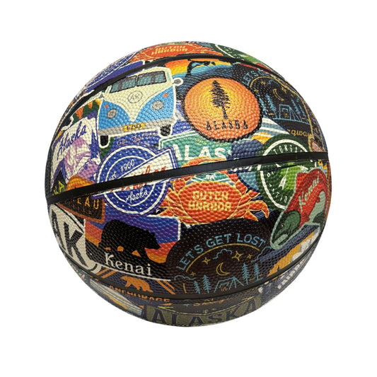 Colorful basketball with Alaska-themed designs