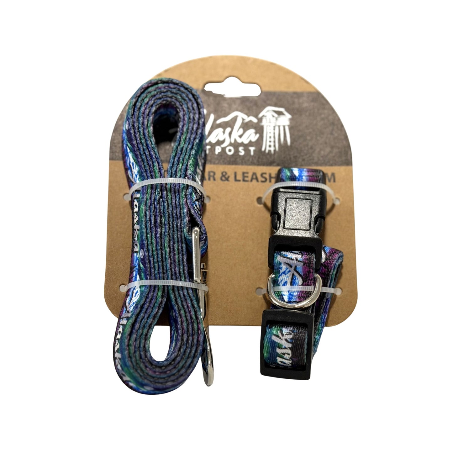 Dog leash and collar set on a branded card with 'Alaska Post' logo.