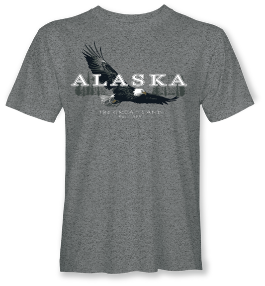 Gray t-shirt with an eagle graphic and 'Alaska The Great Land' text on a white background