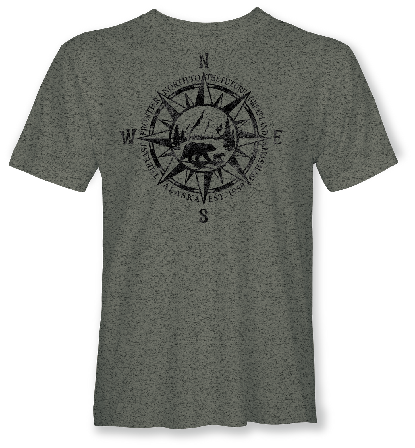 Green t-shirt with black compass design and bear graphic on a white background