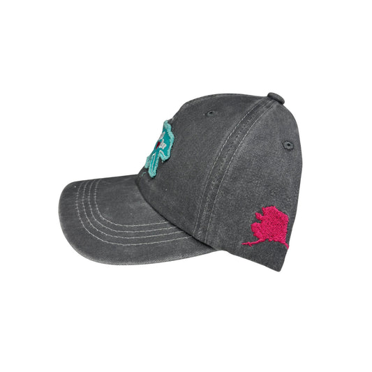 Gray cap with pink embroidered design on a white background