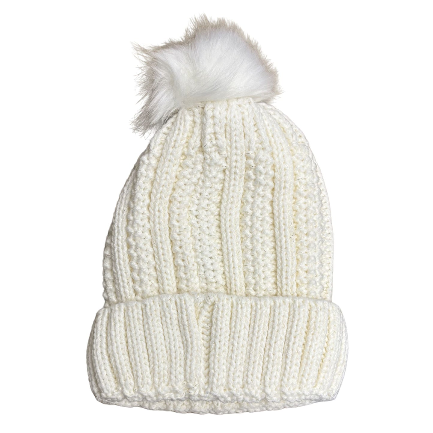 White knit beanie with a fluffy pom-pom on a white background