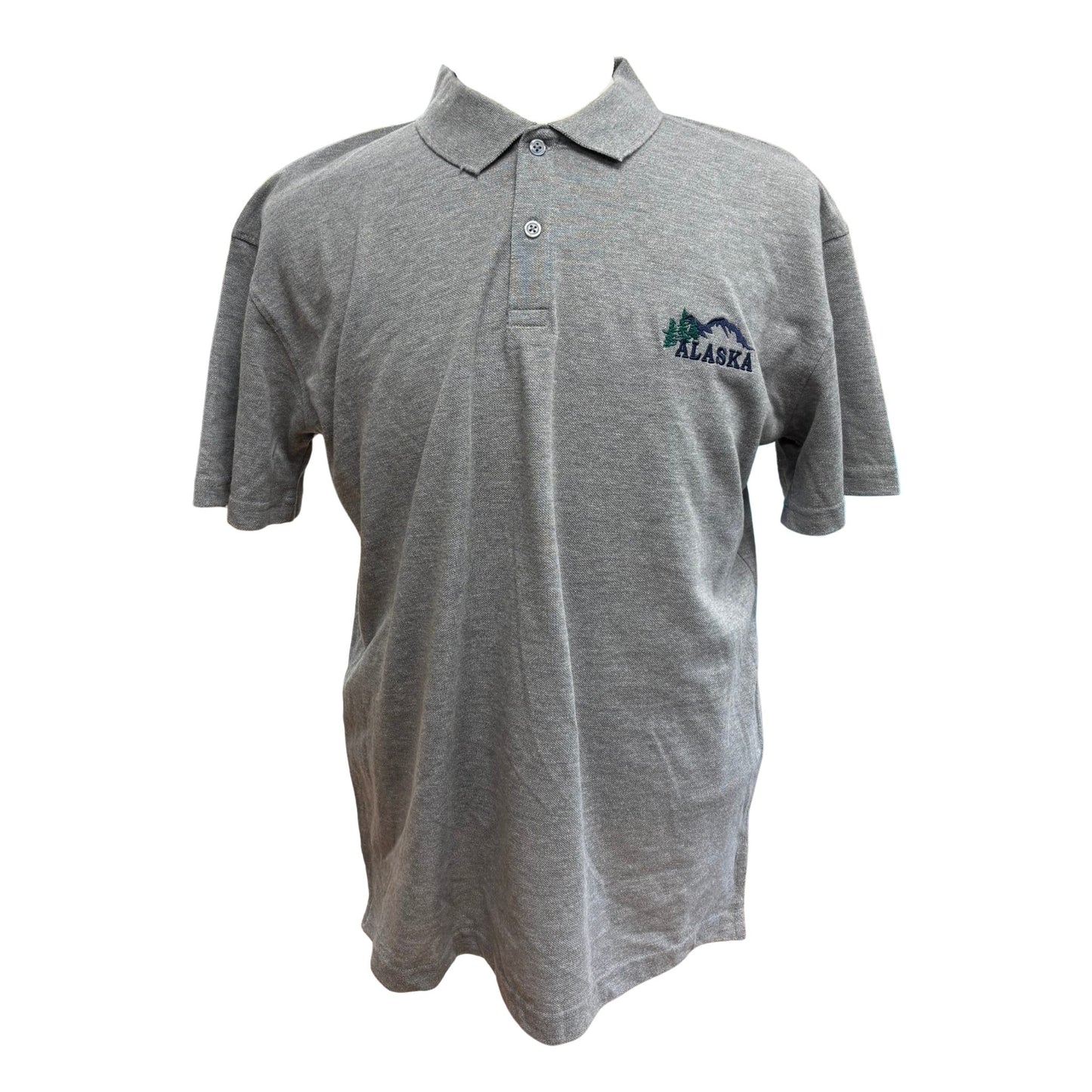 Gray polo shirt with 'Alaska' logo on a white background