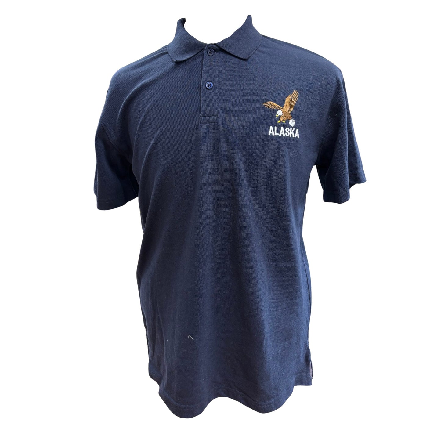 Navy blue polo shirt with 'Alaska' and an eagle emblem on a white background