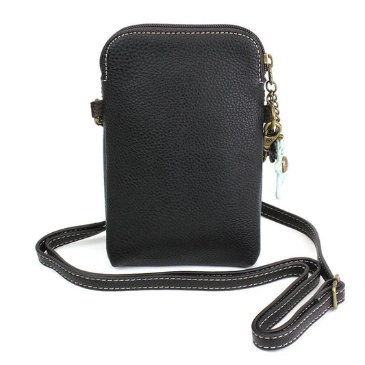 Black leather crossbody bag with a strap on a white background