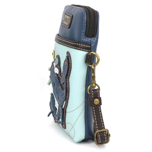 Side view of a blue handbag with a strap