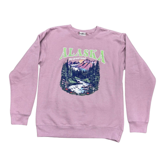 Purple sweatshirt with 'Alaska' graphic design on a white background