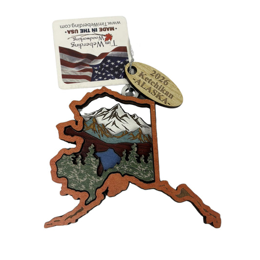 Wooden Alaska State outline ornament with mountain and nature designs