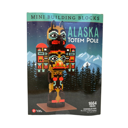Packaging of Alaska Totem Pole mini building blocks with scenic background