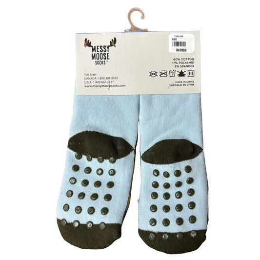 Pair of light blue socks with black grip