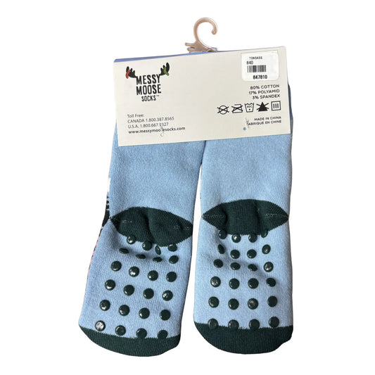 Pair of blue socks with black dots and sole pattern