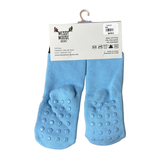 Pair of blue socks with textured sole on a white background