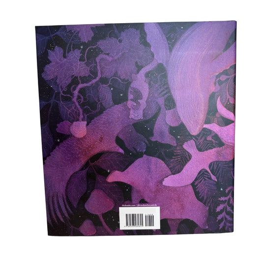 Back of book with purple animal designs