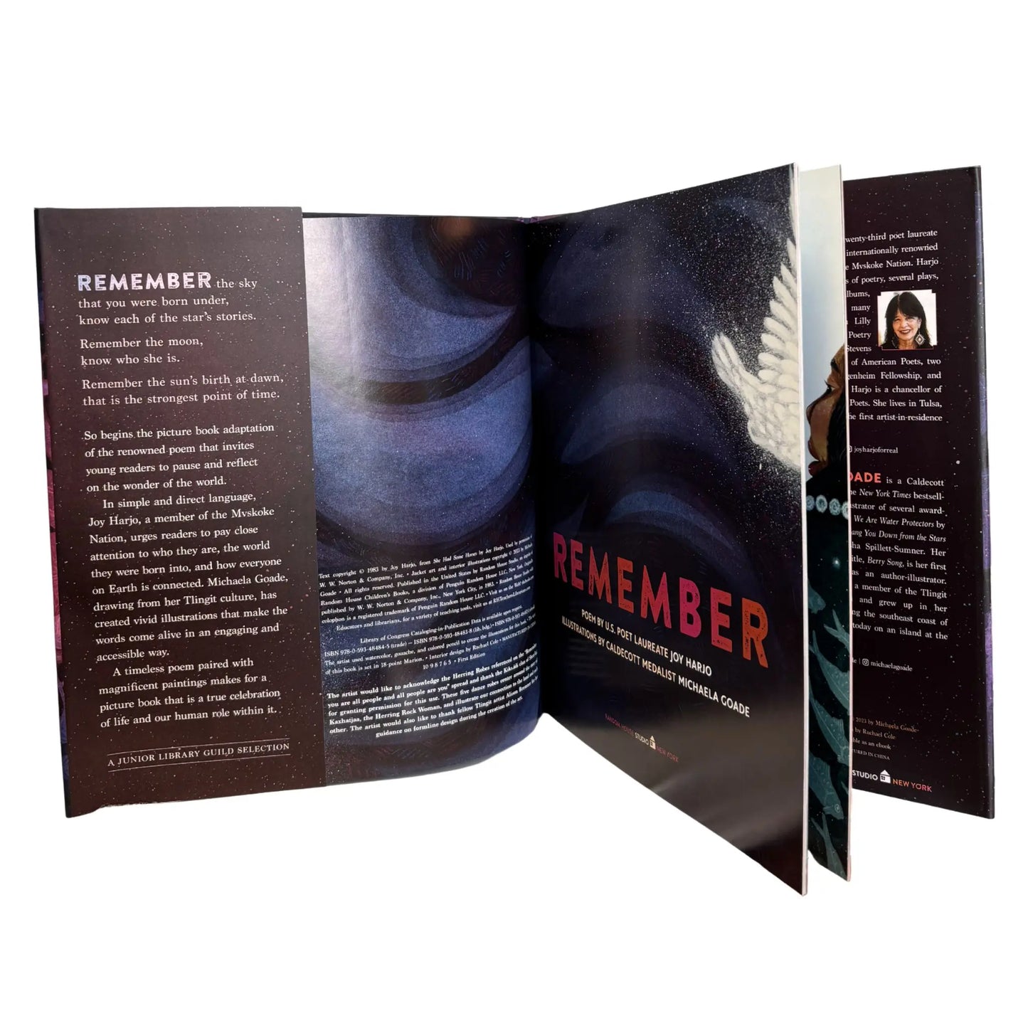 Open book with text and a cover featuring a person.