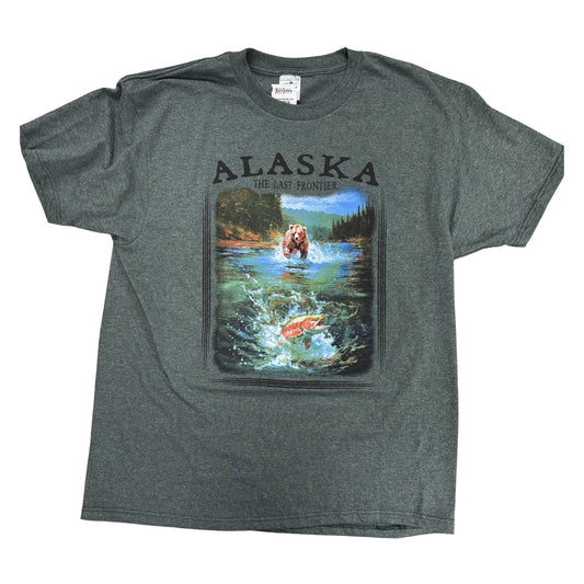 t-shirt with Alaska graphic design featuring a bear and salmon.
