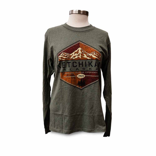 Green long-sleeve shirt with mountain graphic and text on a mannequin against a white background