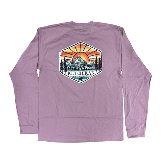 Purple long-sleeve shirt with a scenic graphic and 'Ketchikan' text on a white background