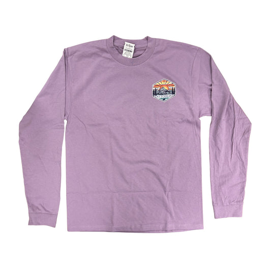 Purple long-sleeve shirt with a graphic on a white background