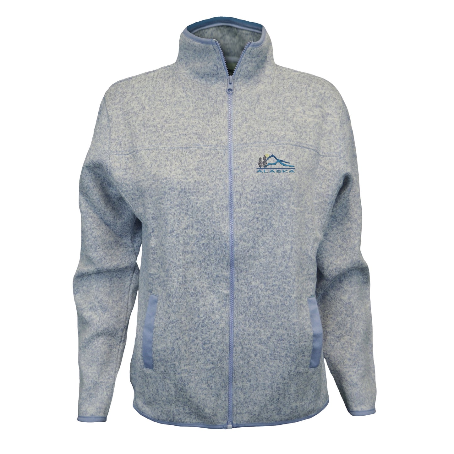 blue fleece jacket with an Alaska logo on a white background