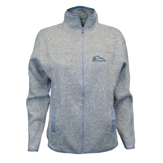 blue fleece jacket with an Alaska logo on a white background