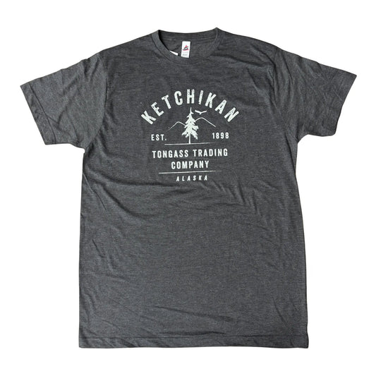Gray t-shirt with white text and nature graphic