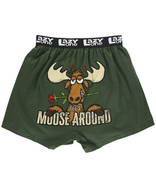 Green boxer shorts with moose graphic and 'Let's Moose Around' text