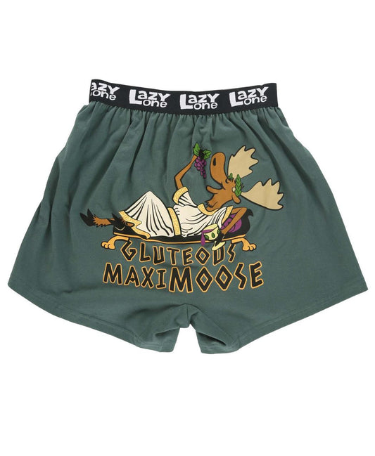 Boxer shorts with a moose graphic and funny text