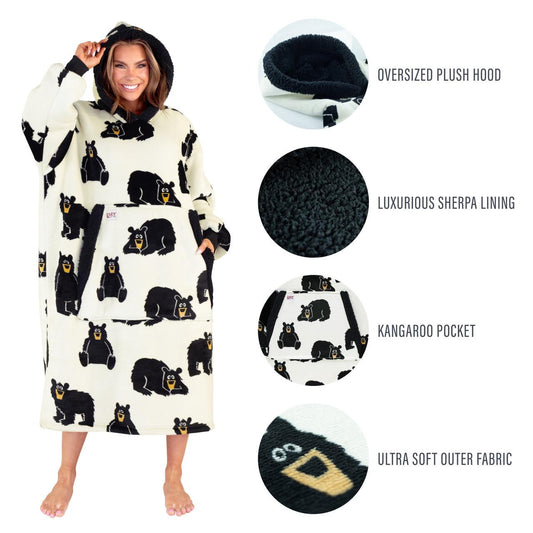 Person wearing a black bear patterned robe with features highlighted on a white background