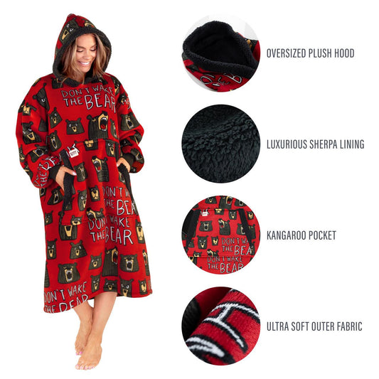 Red hoodie with bear pattern and text, featuring oversized plush hood, luxurious sherpa lining, kangaroo pocket, and ultra soft outer fabric.