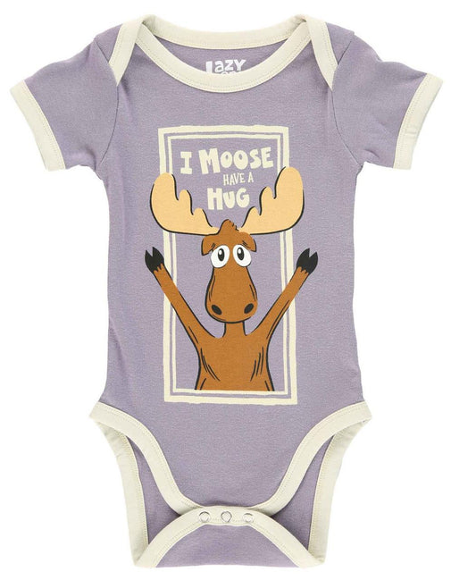 Purple baby onesie with a moose graphic and text on a white background