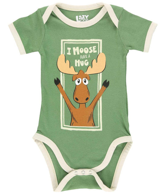Green baby onesie with a moose graphic and text on a white background