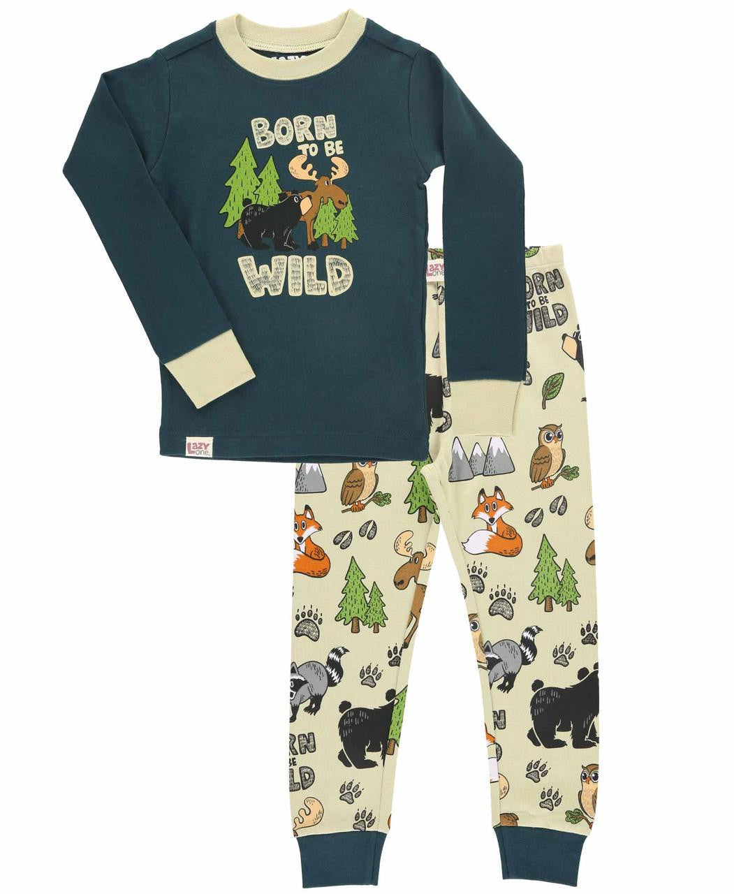 Children's pajama set with 'Born to be Wild' text and forest animal prints on a white background.