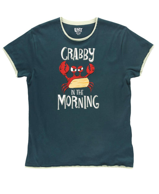 Blue t-shirt with a red crab graphic and 'Crabby in the Morning' text