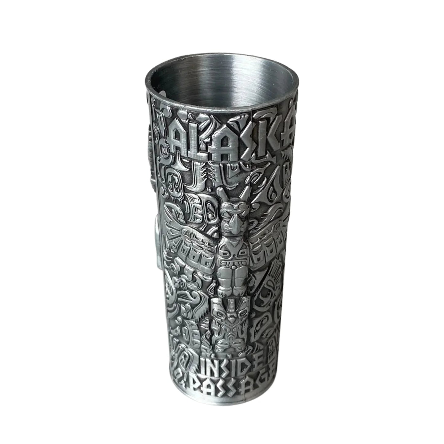 Silver Shot glass with Alaska Inside Passage text and a totemic design