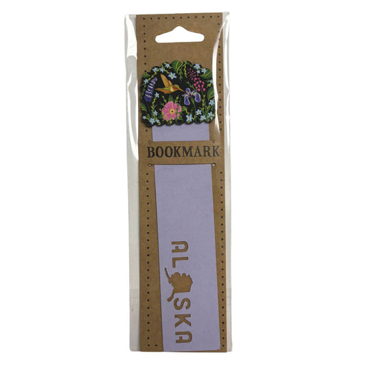 Purple Alaska bookmark with wildflower and hummingbird design
