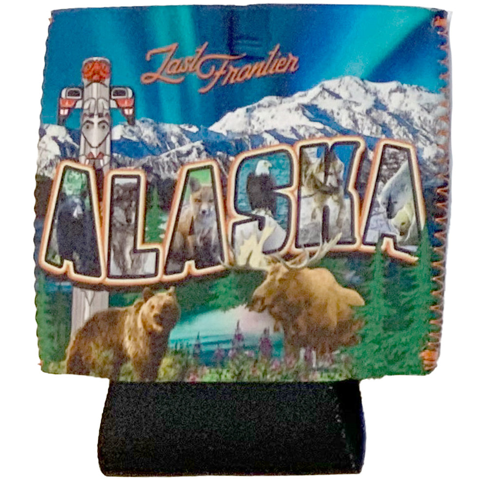 Alaska-themed can cooler with nature scenes and 'Last Frontier' text.