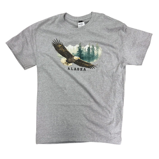 Gray t-shirt with an eagle and 'Alaska' graphic on a white background