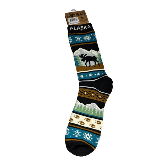 Colorful sock with nature-themed design and 'Alaska' text on a white background