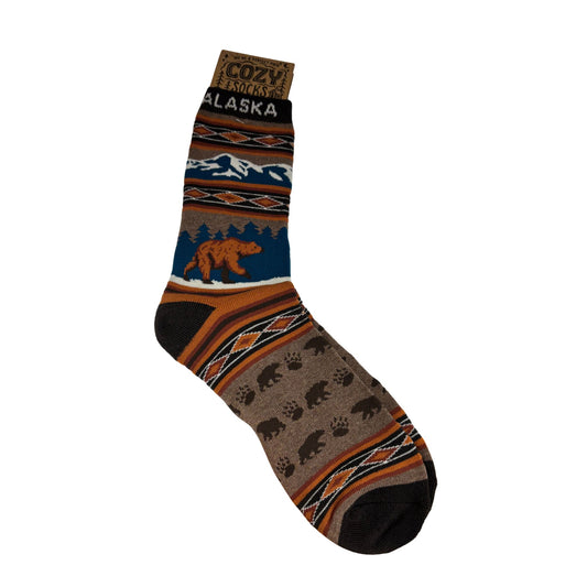 Sock with bear and paw print pattern on a white background