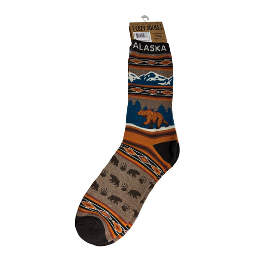 Sock with Alaska design and bear graphics on a white background