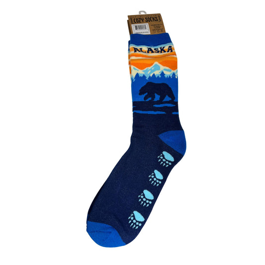 Navy sock with bear and mountain design, featuring 'Alaska' text