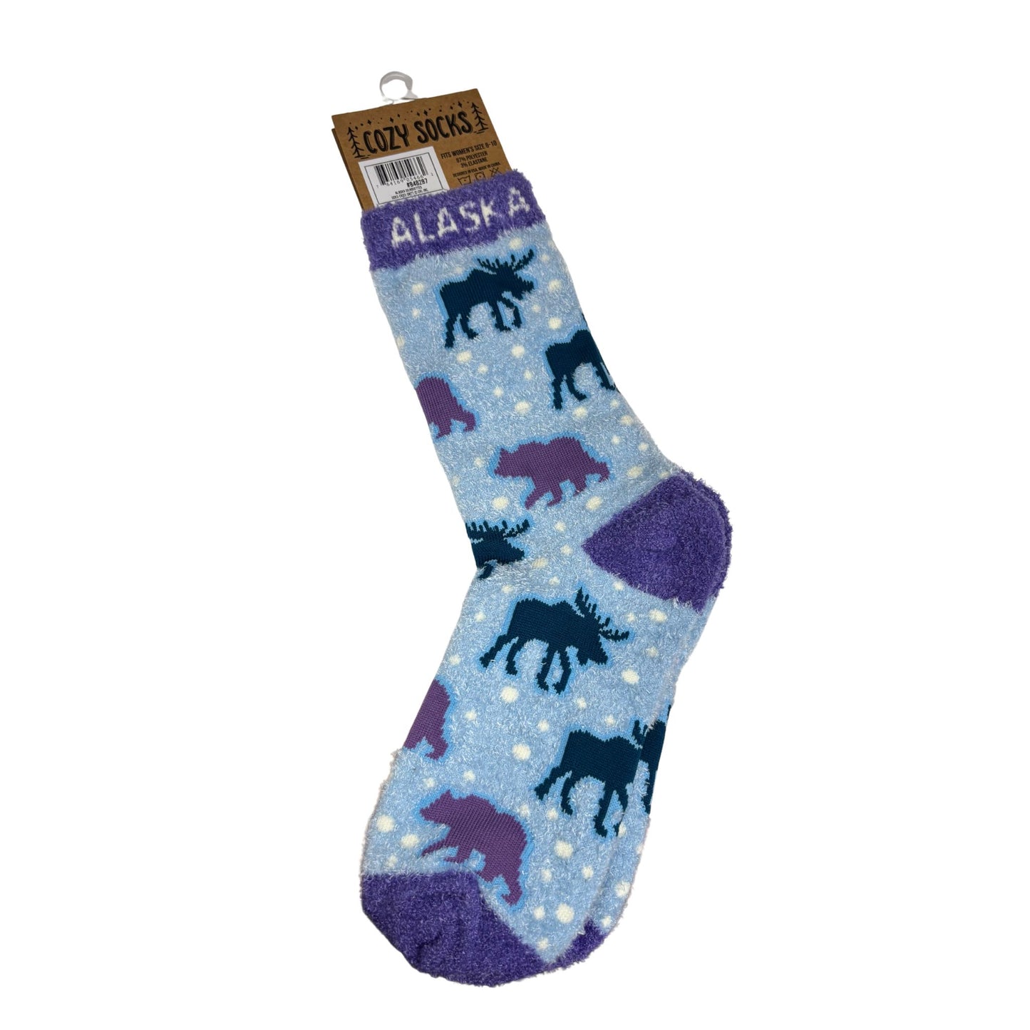 Sock with moose design and 'Alaska' text