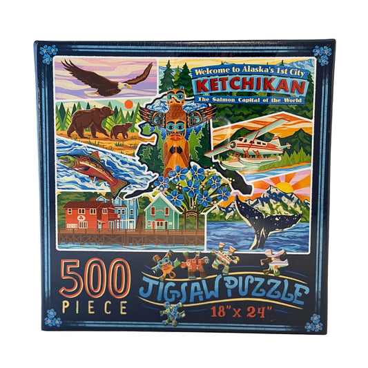 Jigsaw puzzle box featuring Ketchikan, Alaska with various scenes and text.